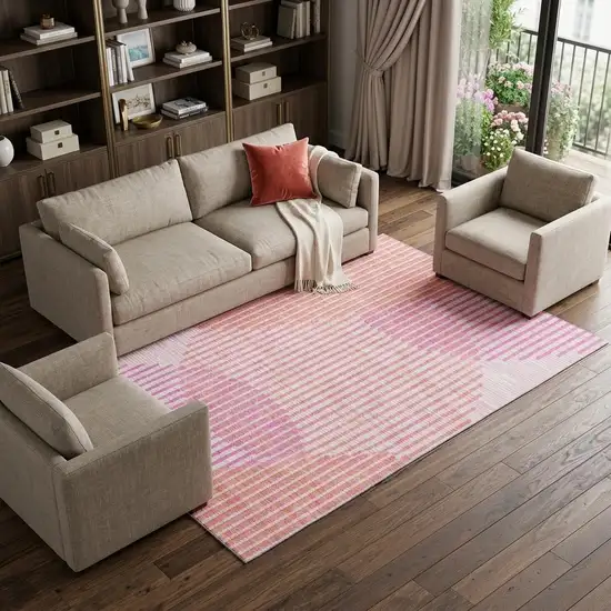 Pink Ivory And Orange Geometric Washable Area Rug With UV Protection Photo 1