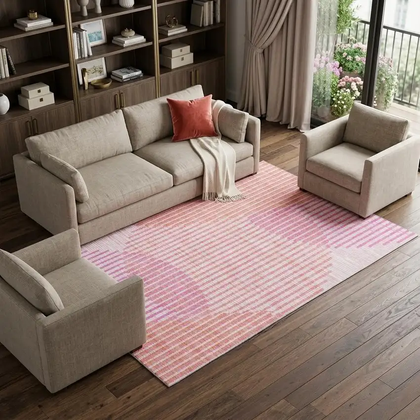 Pink Ivory And Orange Geometric Washable Area Rug With UV Protection Photo 1