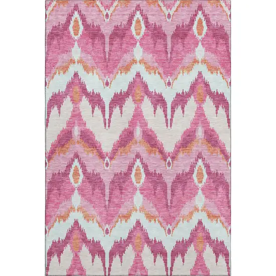 Pink Ivory And Orange Ikat Washable Area Rug With UV Protection Photo 1