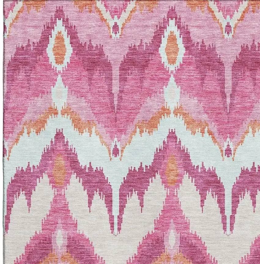Pink Ivory And Orange Ikat Washable Area Rug With UV Protection Photo 3