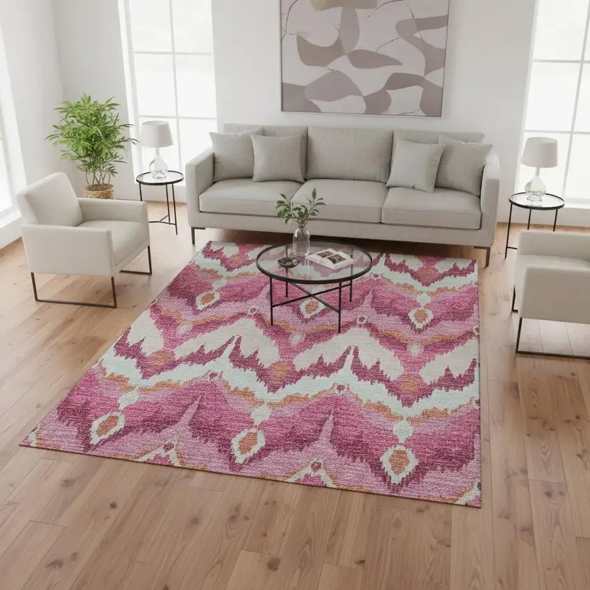 Pink Ivory And Orange Ikat Washable Area Rug With UV Protection Photo 2
