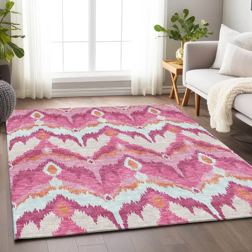 Pink Ivory And Orange Ikat Washable Area Rug With UV Protection Photo 5