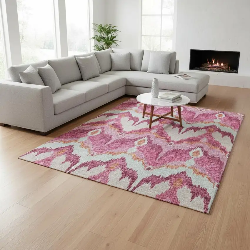 Pink Ivory And Orange Ikat Washable Area Rug With UV Protection Photo 2