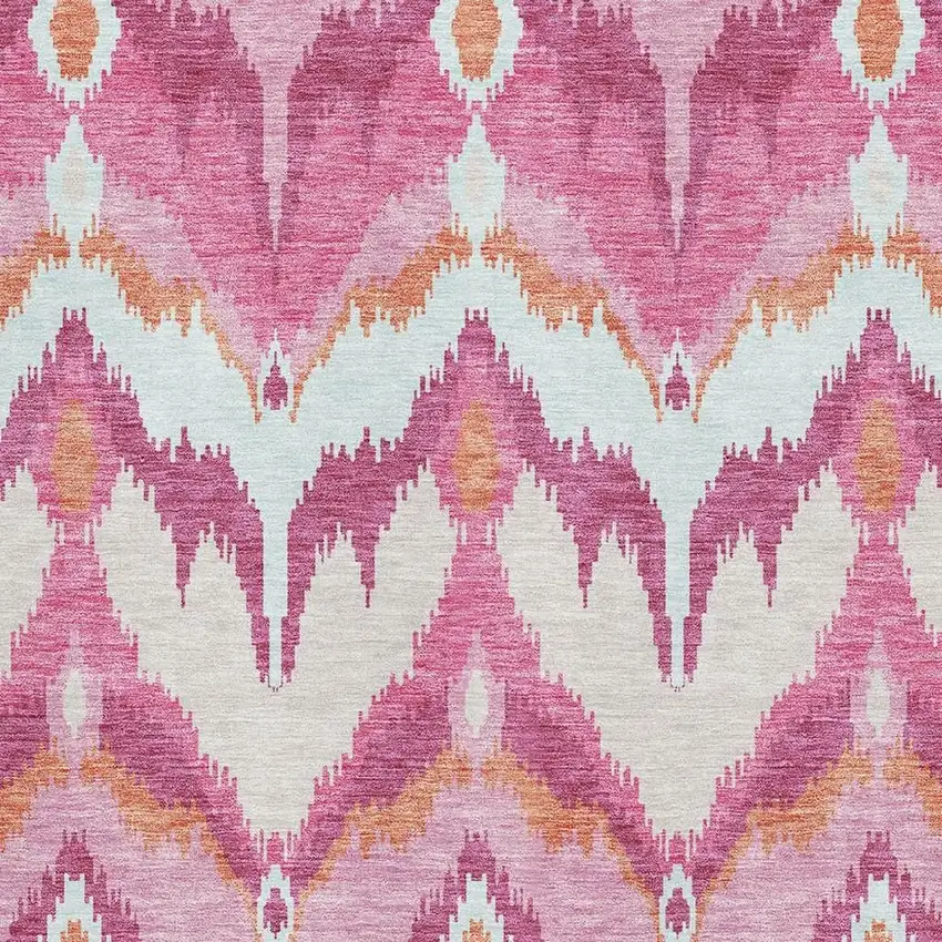 Pink Ivory And Orange Ikat Washable Area Rug With UV Protection Photo 3