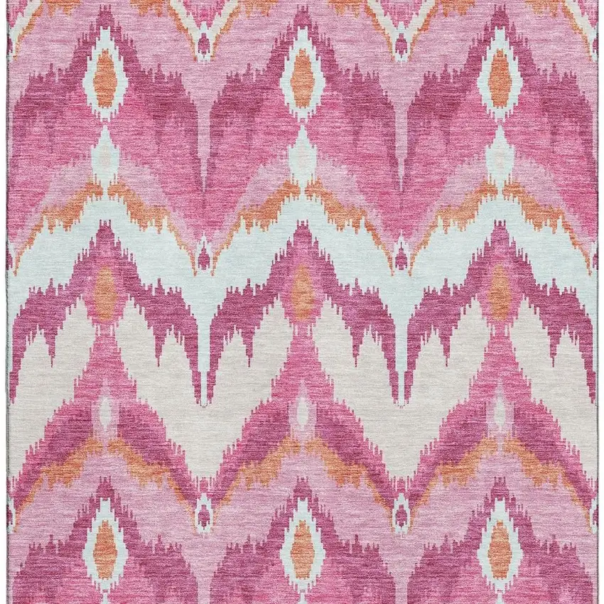 Pink Ivory And Orange Ikat Washable Area Rug With UV Protection Photo 4