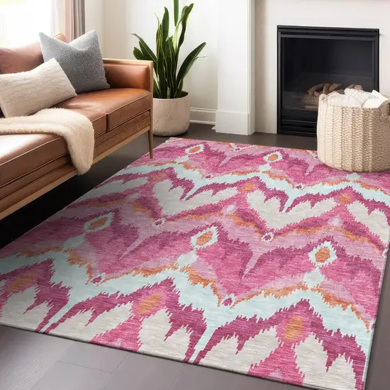 Pink Ivory And Orange Ikat Washable Area Rug With UV Protection Photo 6