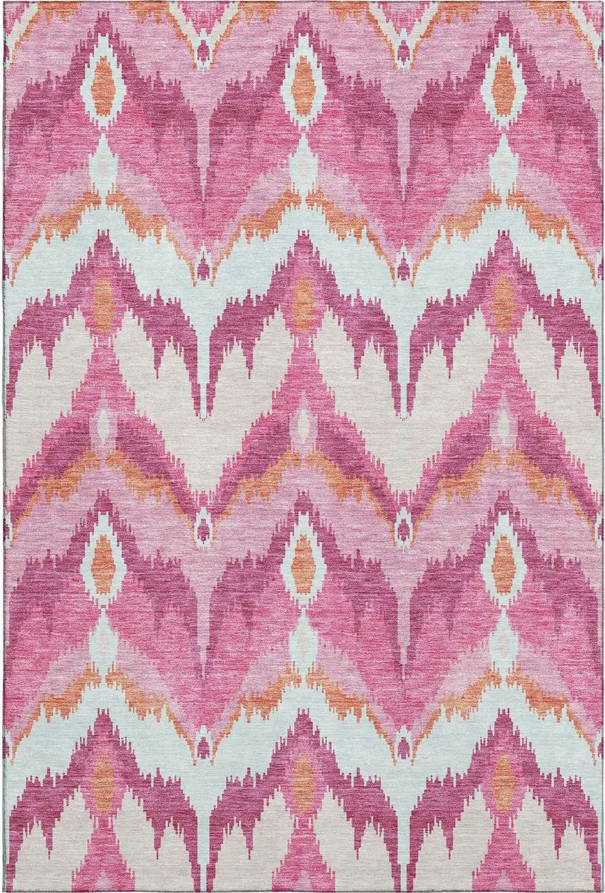 Pink Ivory And Orange Ikat Washable Area Rug With UV Protection Photo 1