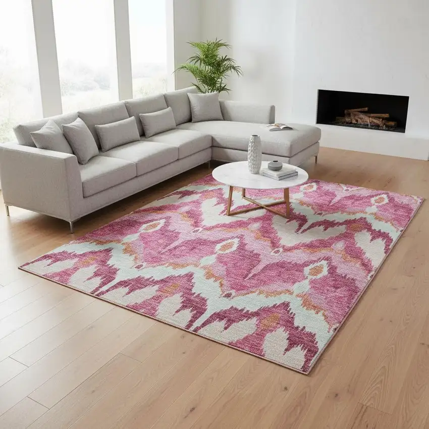 Pink Ivory And Orange Ikat Washable Area Rug With UV Protection Photo 2
