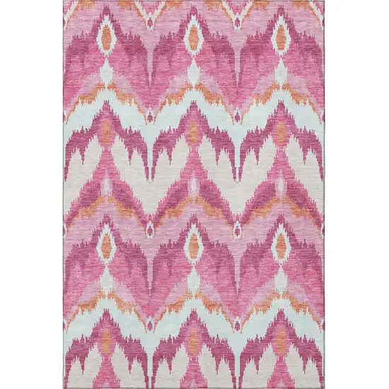 Pink Ivory And Orange Ikat Washable Area Rug With UV Protection Photo 3