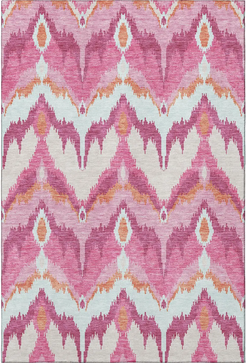 Pink Ivory And Orange Ikat Washable Area Rug With UV Protection Photo 3