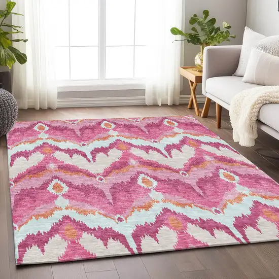 Pink Ivory And Orange Ikat Washable Area Rug With UV Protection Photo 4