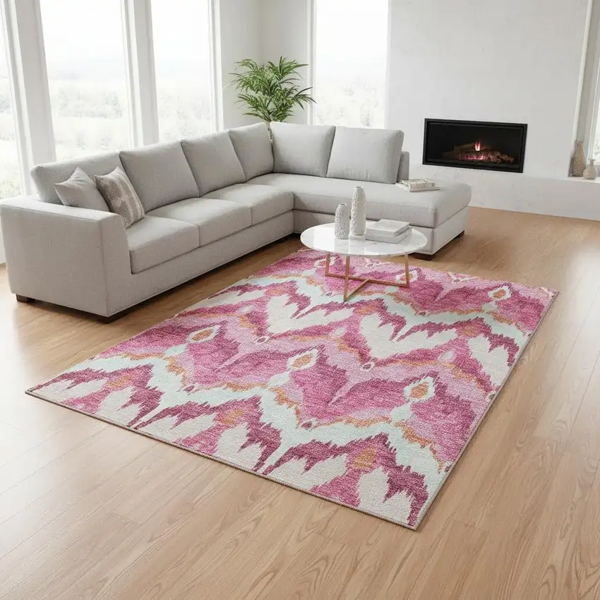 Pink Ivory And Orange Ikat Washable Area Rug With UV Protection Photo 2