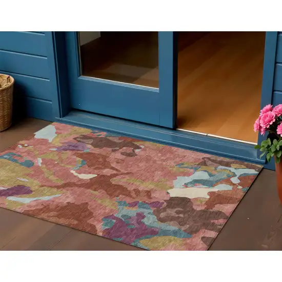 Pink Ivory And Purple Abstract Washable Indoor Outdoor Area Rug Photo 2