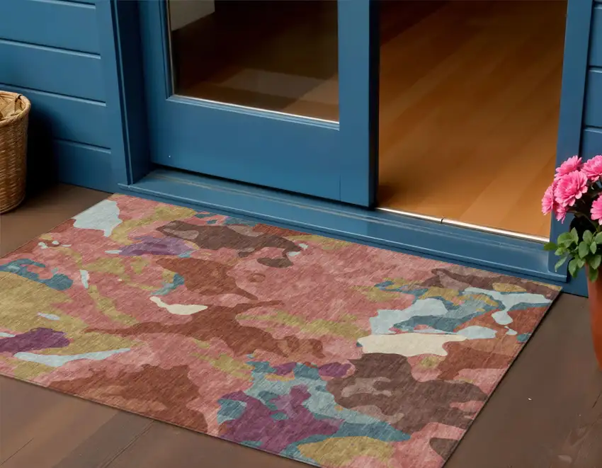 Pink Ivory And Purple Abstract Washable Indoor Outdoor Area Rug Photo 2