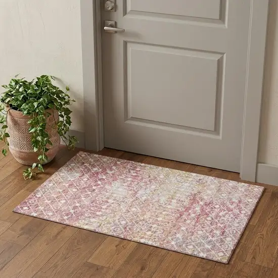 Pink Ivory And Wheat Geometric Washable Area Rug With UV Protection Photo 1