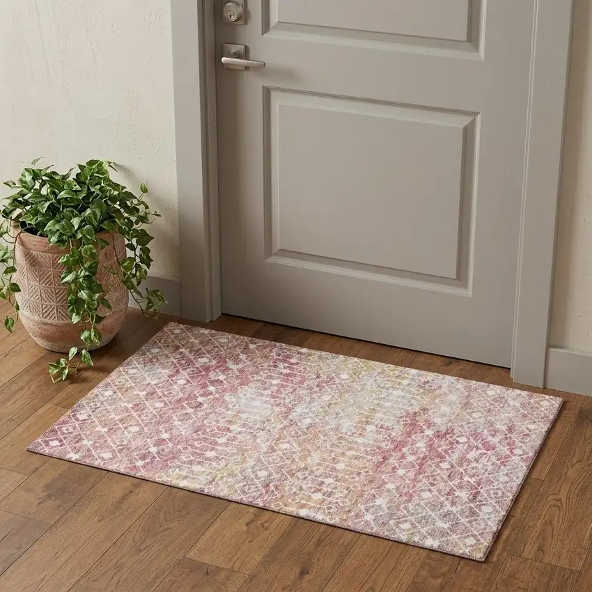 Pink Ivory And Wheat Geometric Washable Area Rug With UV Protection Photo 1