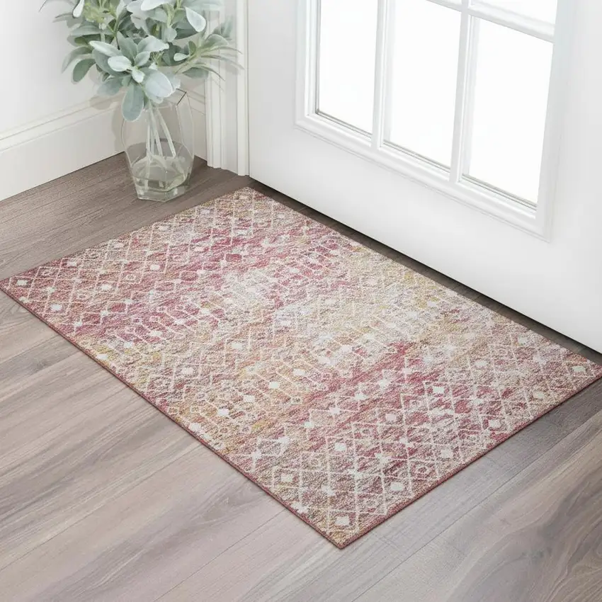 Pink Ivory And Wheat Geometric Washable Area Rug With UV Protection Photo 2
