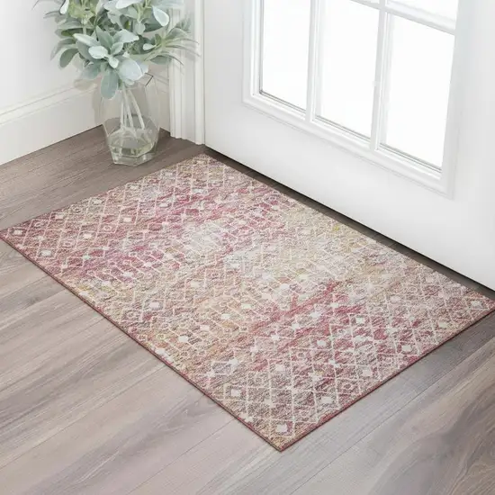 Pink Ivory And Wheat Geometric Washable Area Rug With UV Protection Photo 2