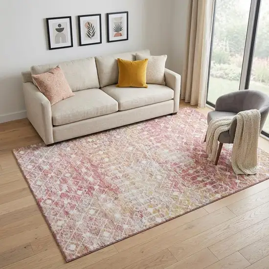 Pink Ivory And Wheat Geometric Washable Area Rug With UV Protection Photo 1