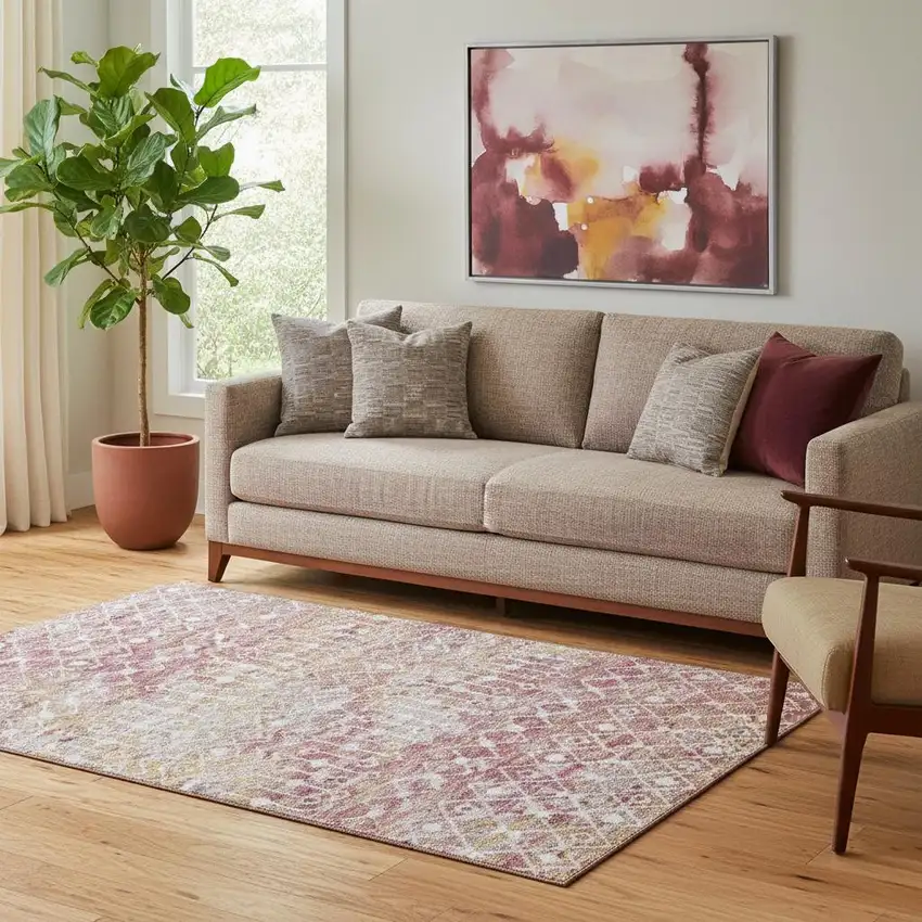 Pink Ivory And Wheat Geometric Washable Area Rug With UV Protection Photo 2