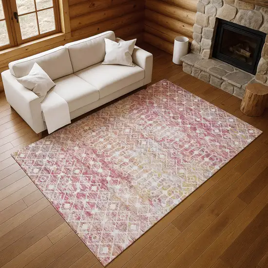 Pink Ivory And Wheat Geometric Washable Area Rug With UV Protection Photo 5