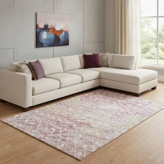 Pink Ivory And Wheat Geometric Washable Area Rug With UV Protection Photo 2