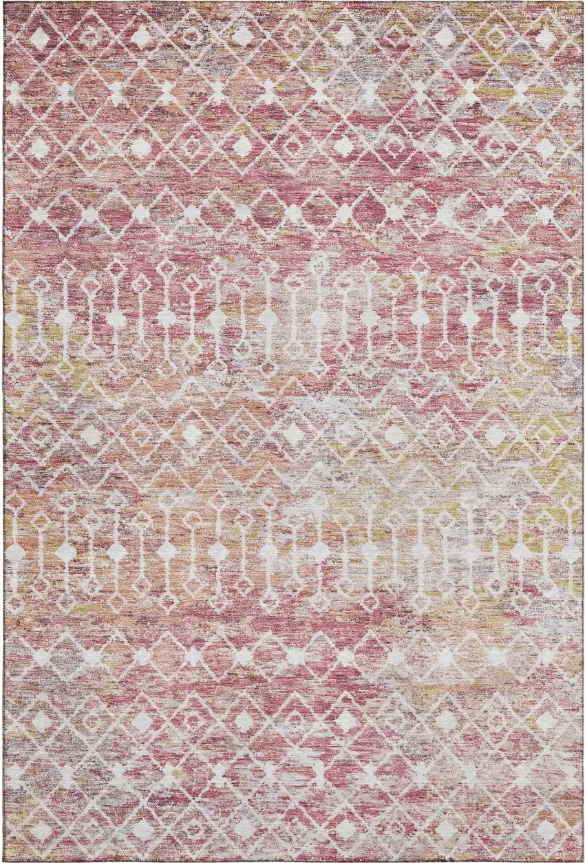 Pink Ivory And Wheat Geometric Washable Area Rug With UV Protection Photo 1
