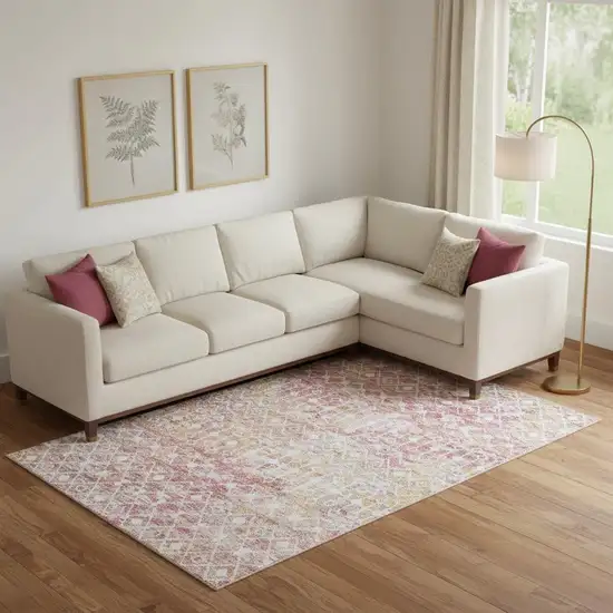 Pink Ivory And Wheat Geometric Washable Area Rug With UV Protection Photo 2