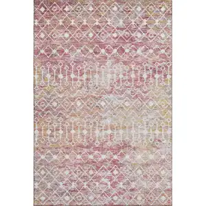 Photo of Pink Ivory And Wheat Geometric Washable Area Rug With UV Protection
