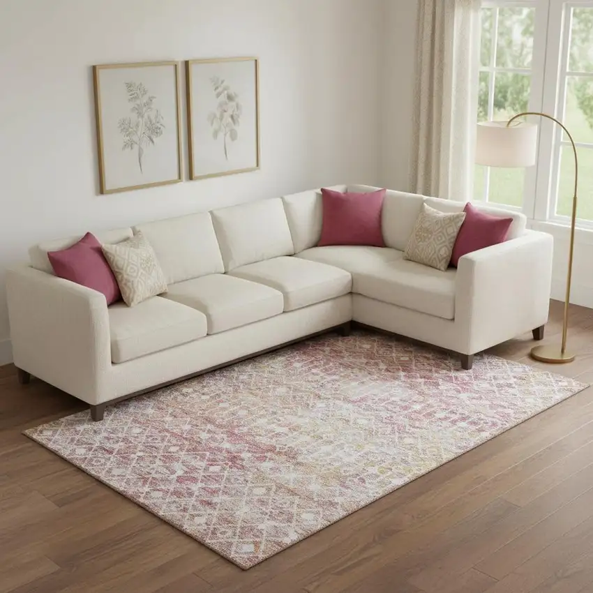 Pink Ivory And Wheat Geometric Washable Area Rug With UV Protection Photo 2