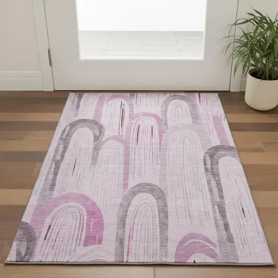 Pink Lavender And Ivory Geometric Washable Area Rug With UV Protection Photo 2