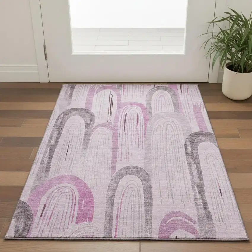 Pink Lavender And Ivory Geometric Washable Area Rug With UV Protection Photo 2