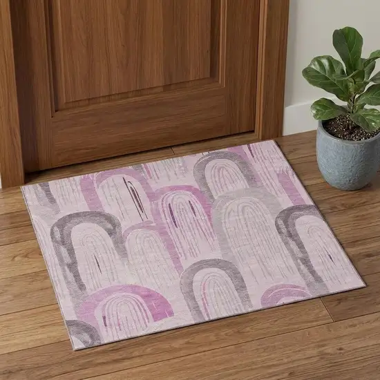 Pink Lavender And Ivory Geometric Washable Area Rug With UV Protection Photo 1