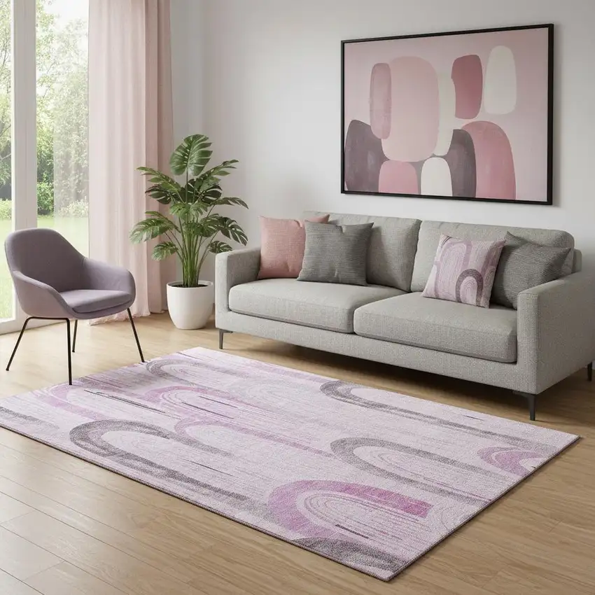 Pink Lavender And Ivory Geometric Washable Area Rug With UV Protection Photo 2