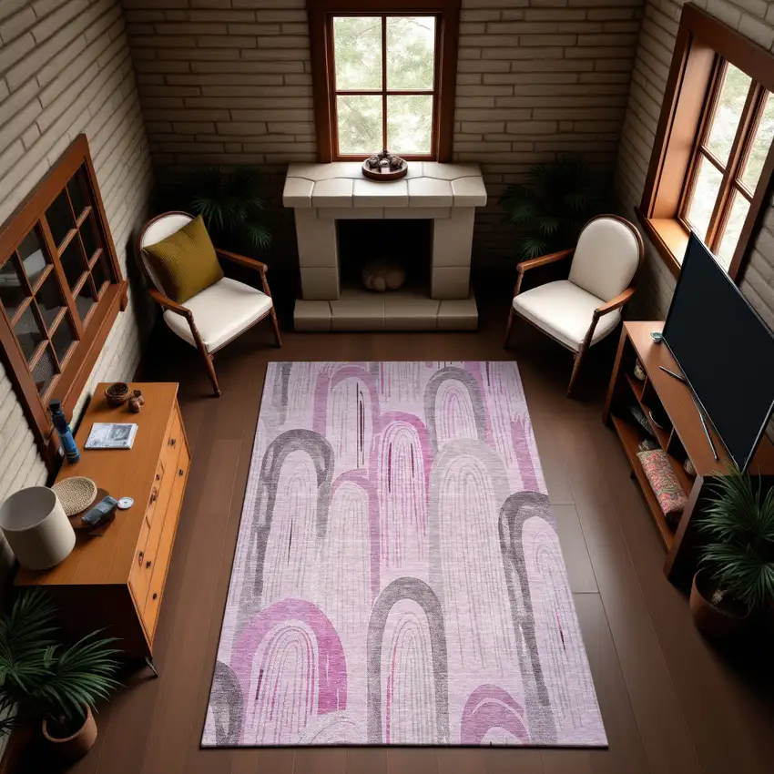 Pink Lavender And Ivory Geometric Washable Area Rug With UV Protection Photo 4