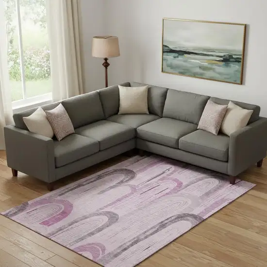 Pink Lavender And Ivory Geometric Washable Area Rug With UV Protection Photo 2