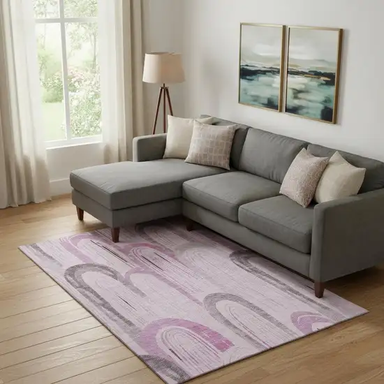 Pink Lavender And Ivory Geometric Washable Area Rug With UV Protection Photo 2