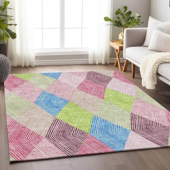Pink Lime Green And Blue Geometric Washable Area Rug With UV Protection Photo 4