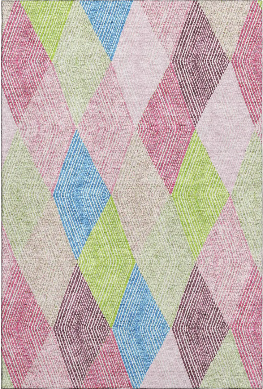 Pink Lime Green And Blue Geometric Washable Area Rug With UV Protection Photo 1
