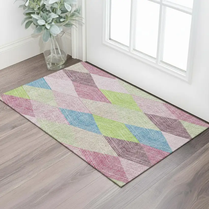 Pink Lime Green And Blue Geometric Washable Area Rug With UV Protection Photo 2