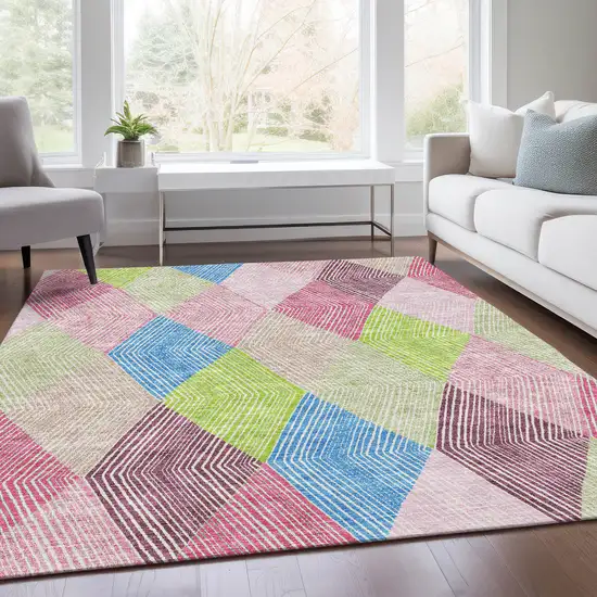 Pink Lime Green And Blue Geometric Washable Area Rug With UV Protection Photo 6