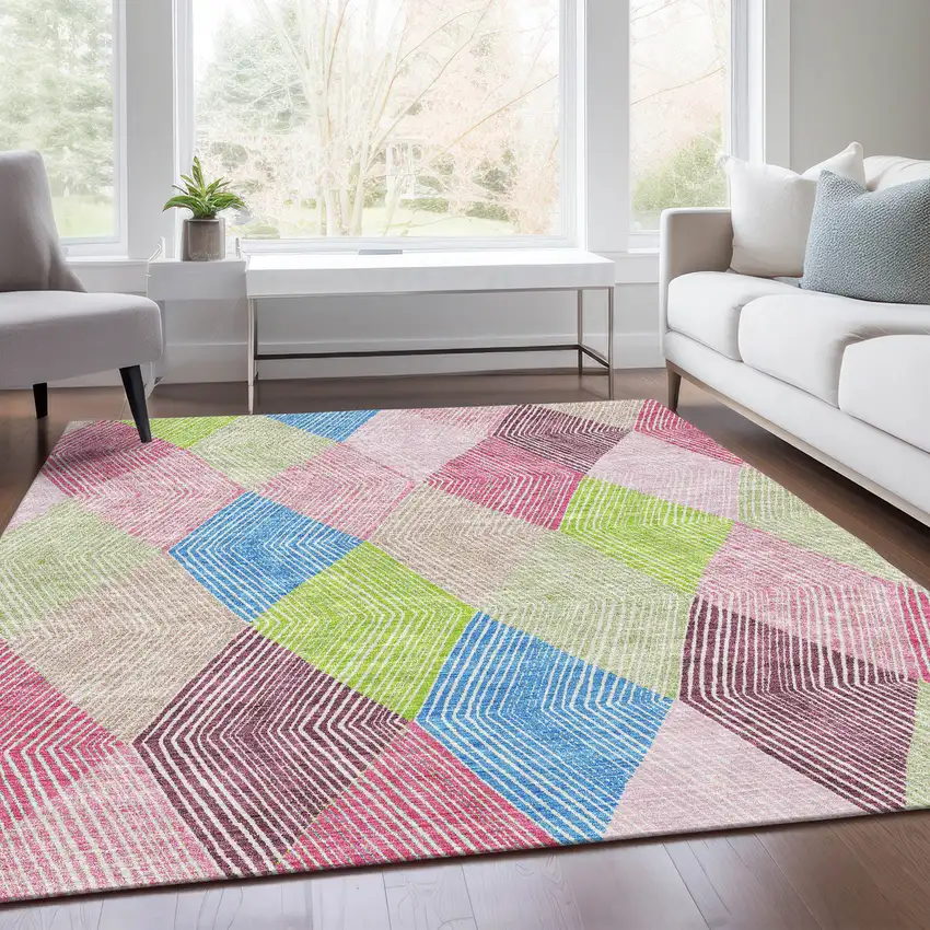 Pink Lime Green And Blue Geometric Washable Area Rug With UV Protection Photo 6