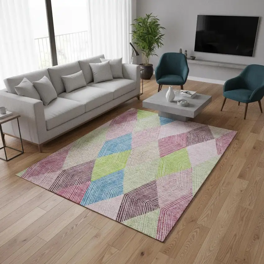 Pink Lime Green And Blue Geometric Washable Area Rug With UV Protection Photo 2