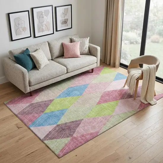 Pink Lime Green And Blue Geometric Washable Area Rug With UV Protection Photo 1