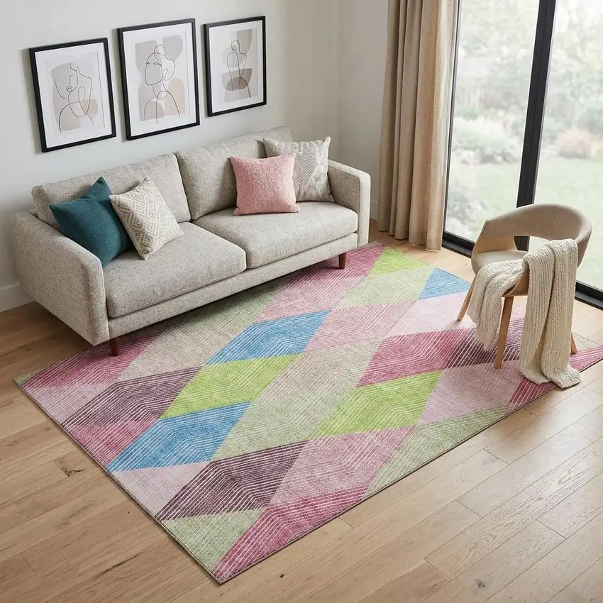 Pink Lime Green And Blue Geometric Washable Area Rug With UV Protection Photo 1