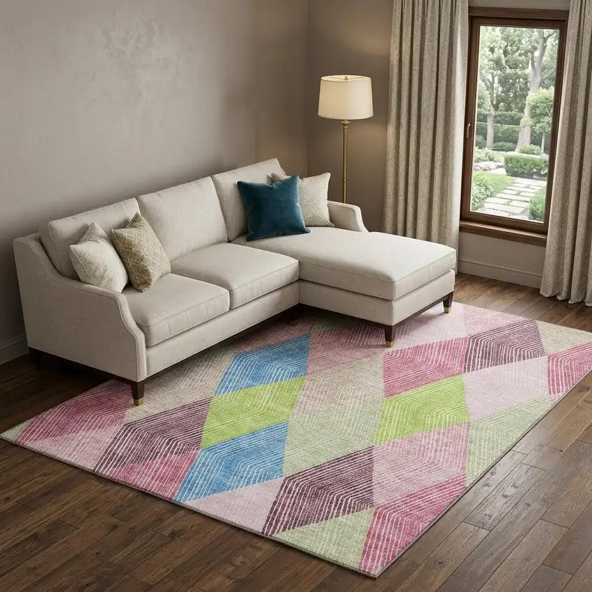 Pink Lime Green And Blue Geometric Washable Area Rug With UV Protection Photo 1
