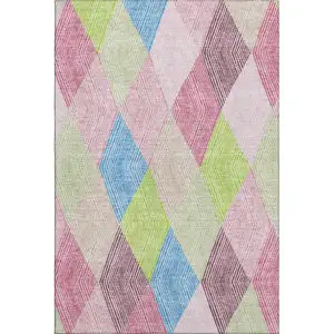 Photo of Pink Lime Green And Blue Geometric Washable Area Rug With UV Protection
