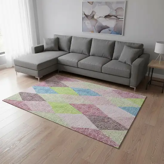 Pink Lime Green And Blue Geometric Washable Area Rug With UV Protection Photo 2