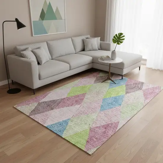 Pink Lime Green And Blue Geometric Washable Area Rug With UV Protection Photo 2