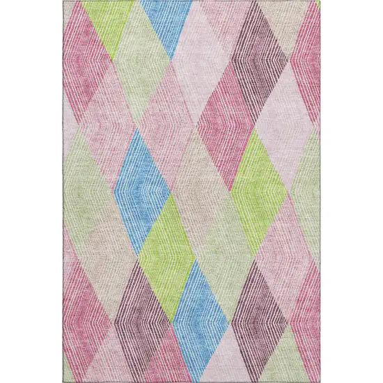 Pink Lime Green And Blue Geometric Washable Area Rug With UV Protection Photo 1